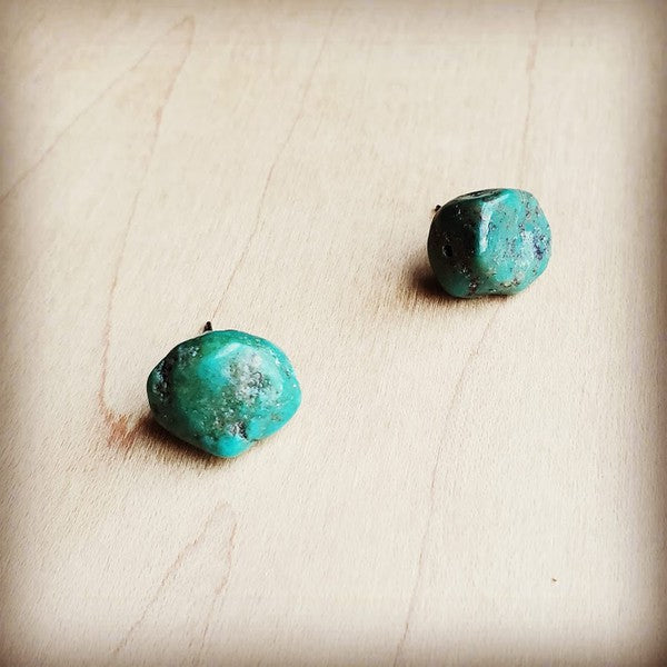 Natural Green Turquoise Stud Earrings Bring some earthy magic to your jewelry collection with these handmade Natural Green Turquoise Stud Earrings. Crafted with genuine turquoise beads in varying sizes (1/2" to 3/4"), each pair captures that free-spirited boho essence you're after. Perfect for adding a touch of natural beauty to any outfit, these studs blend artisanal charm with effortless style. Embrace your inner wanderer and let these vibrant stones do the talking.