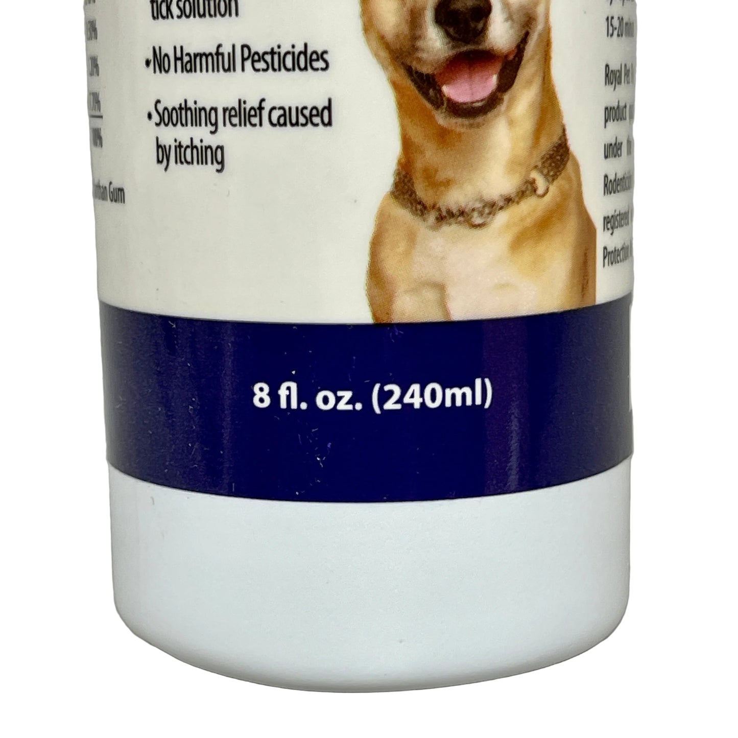 Bottle label with a dog image and product details on a gray background