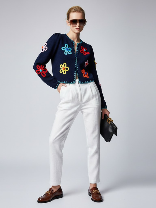 Navy Knit Jacket with 3D Flowers and Contrast Stitching • BYMANYC ® New York-0