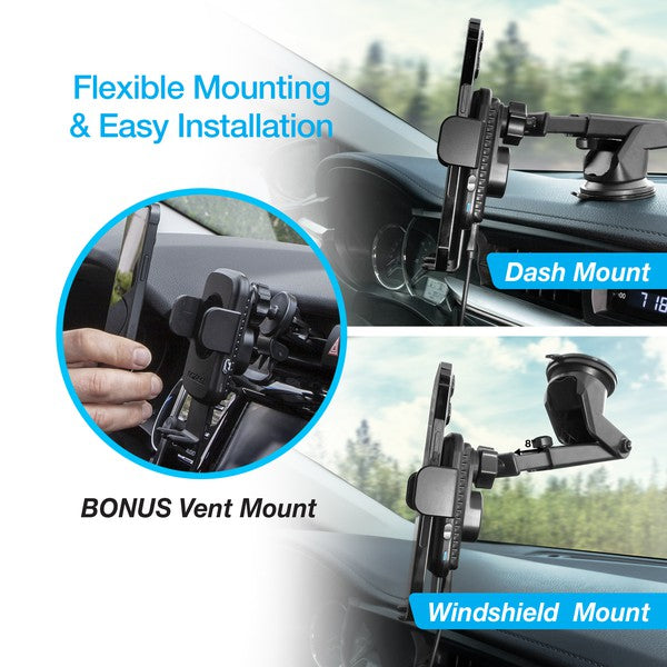 Car phone mount with flexible mounting and easy installation features, including dash, windshield, and bonus vent mounts. Naztech, Wireless Charging Car Mount, Qi Wireless Charger, Smart Grip Charger, Car Phone Holder, Wireless Car Charger, Fast Wireless Charging, iPhone Wireless Charger, Android Wireless Charger, Dashboard Phone Mount, Windshield Phone Mount, Air Vent Phone Mount, Phone Accessories, Car Accessories, Tech Accessories
