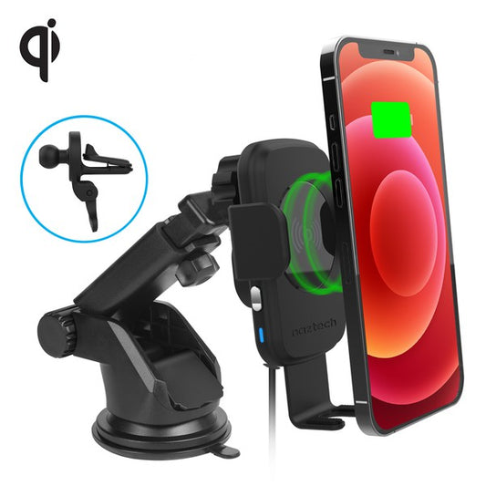 Car phone holder with wireless charging pad and smartphone on a white background Naztech, Wireless Charging Car Mount, Qi Wireless Charger, Smart Grip Charger, Car Phone Holder, Wireless Car Charger, Fast Wireless Charging, iPhone Wireless Charger, Android Wireless Charger, Dashboard Phone Mount, Windshield Phone Mount, Air Vent Phone Mount, Phone Accessories, Car Accessories, Tech Accessories