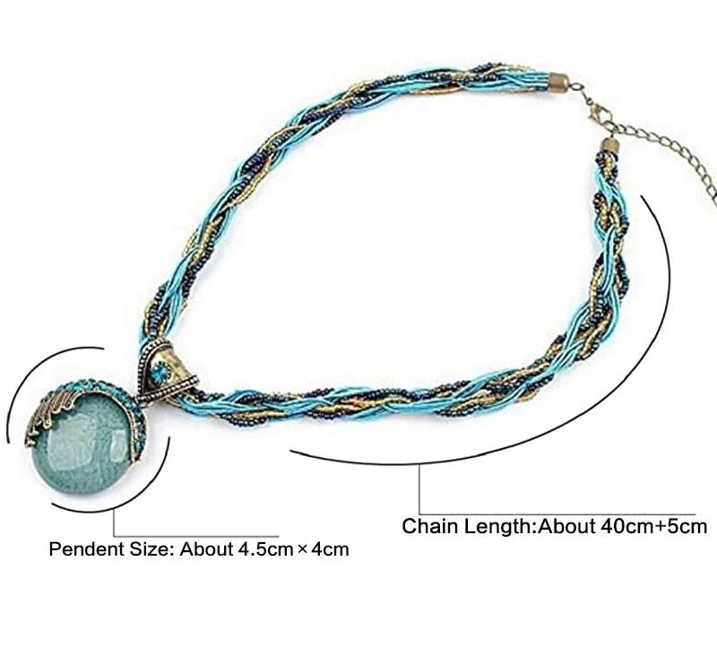 Necklace with blue pendant and braided design on a white background
