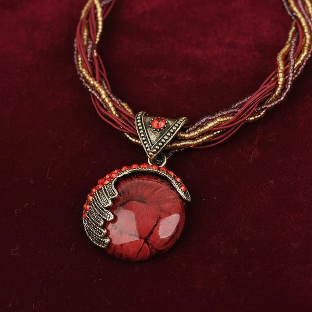Necklace with red pendant and braided cord on a red background