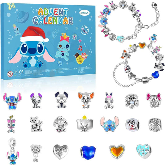 Cartoon Character Advent Calendar jewelry gift set featuring 24 surprise charms, silver-tone bracelet, colorful Stitch-themed beads, festive Christmas countdown calendar, collectible charm bracelet kit for girls, kids, teens, Disney fans, holiday gift idea, Lilo & Stitch jewelry advent calendar.