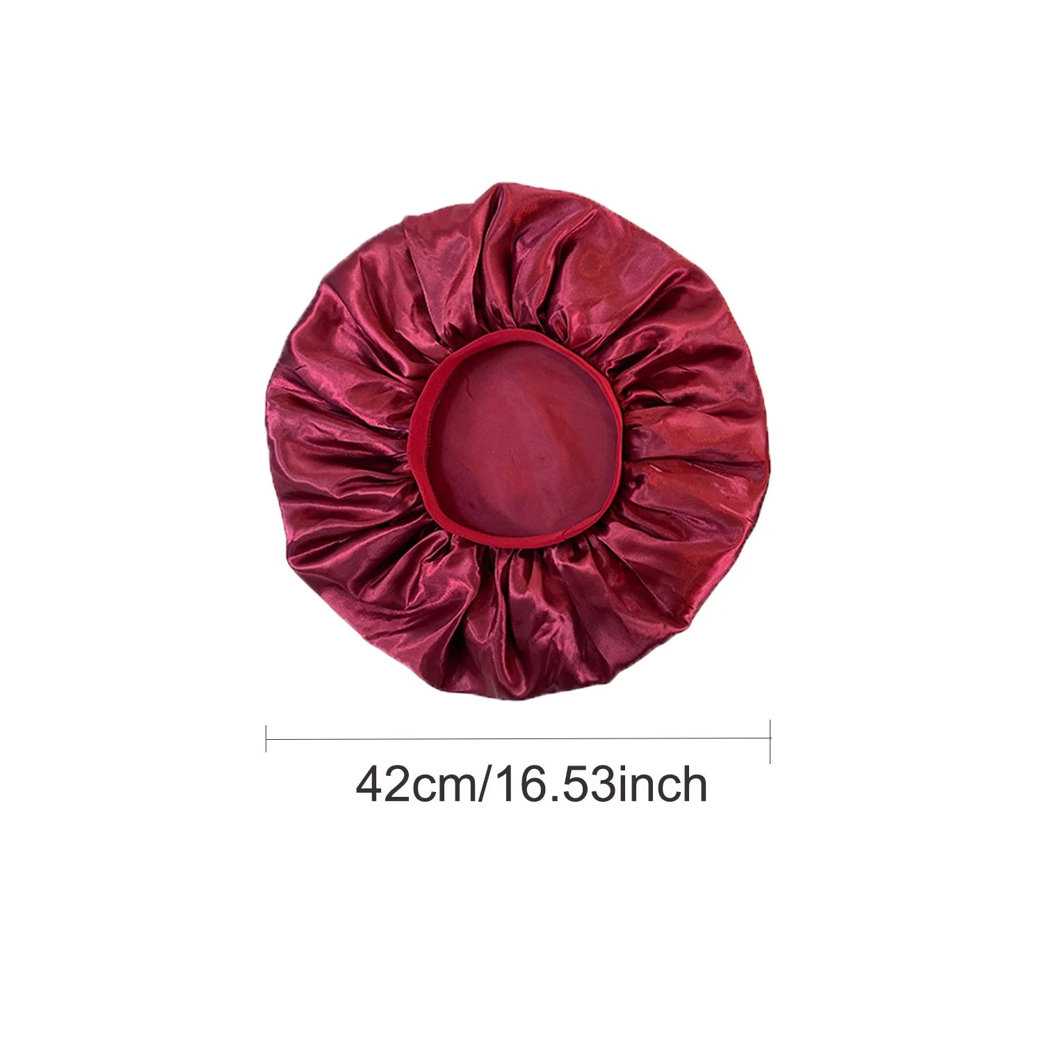 Red satin bonnet with size measurement on a white background