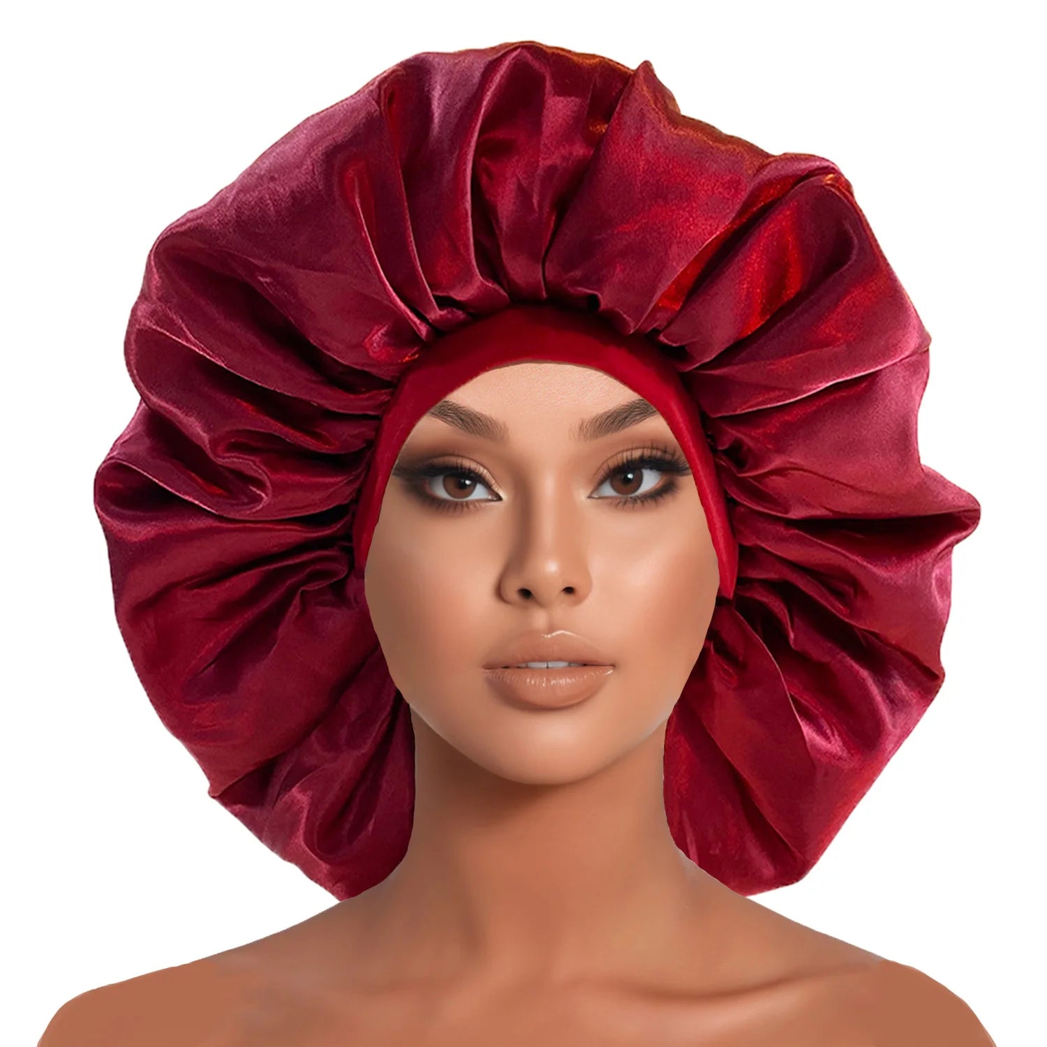 Red satin bonnet worn by a model on a white background