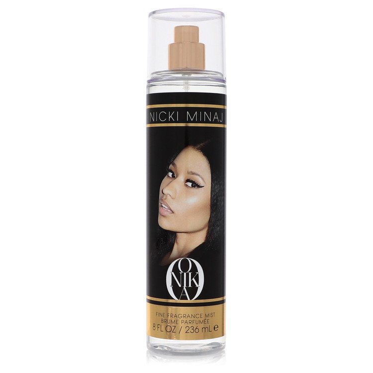 Perfume bottle with a face on the label against a white background. Nicki Minaj Onika Fruity Floral Body Mist Spray for Women