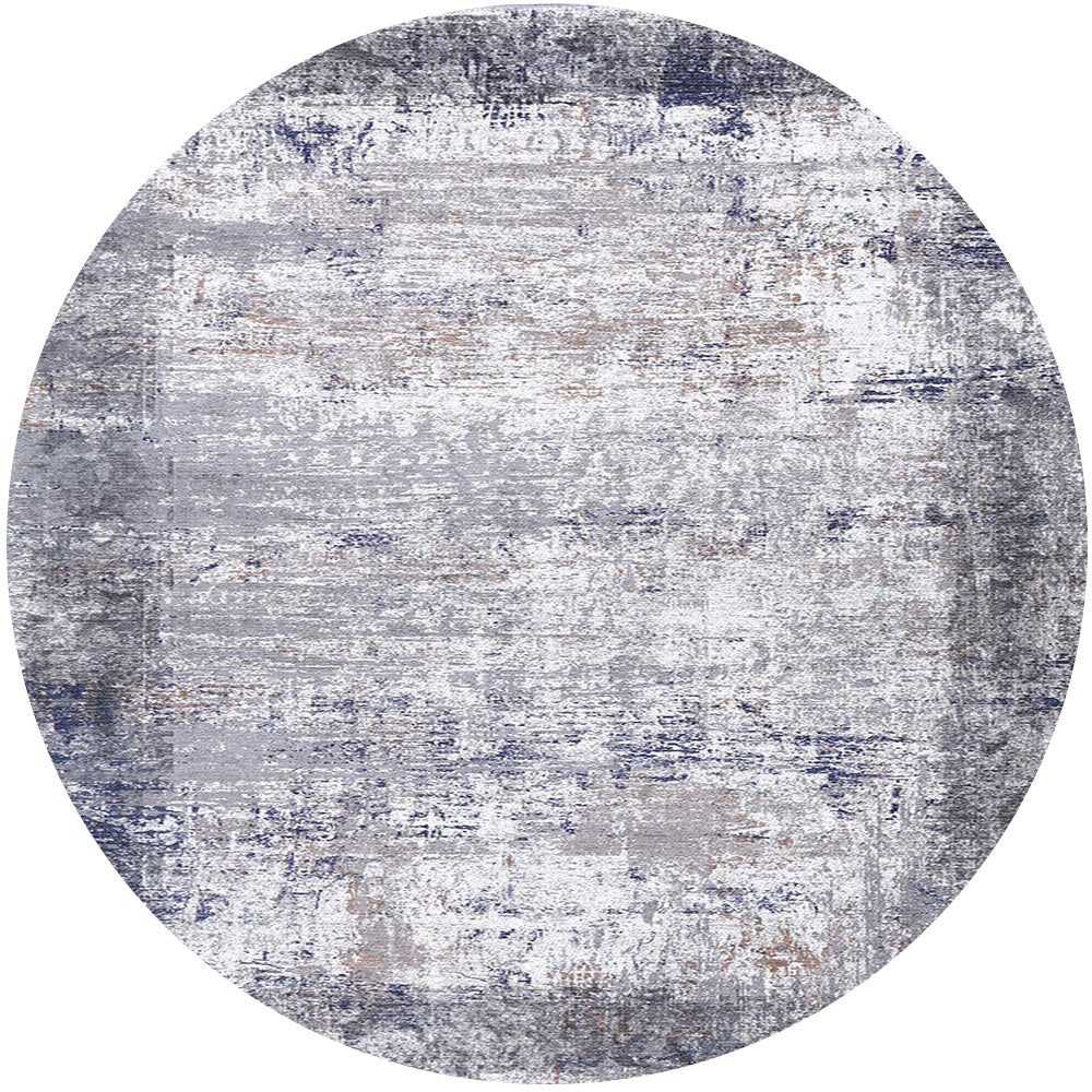 Abstract Border Echo in Blue & Grey : Round Rug-0