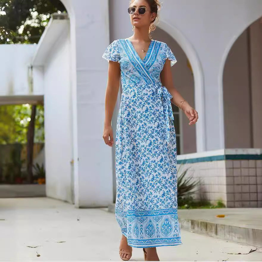 Casual vacation printed dresses lace-up big pendulum showing thin short sleeves