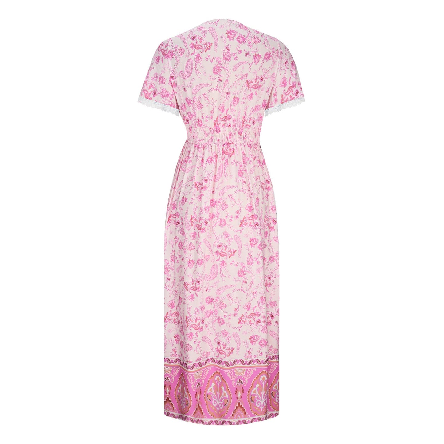 Women's Short Sleeve Lace Trim Tie-Waist Bohemian Dress Vacation Beach Dress Floral