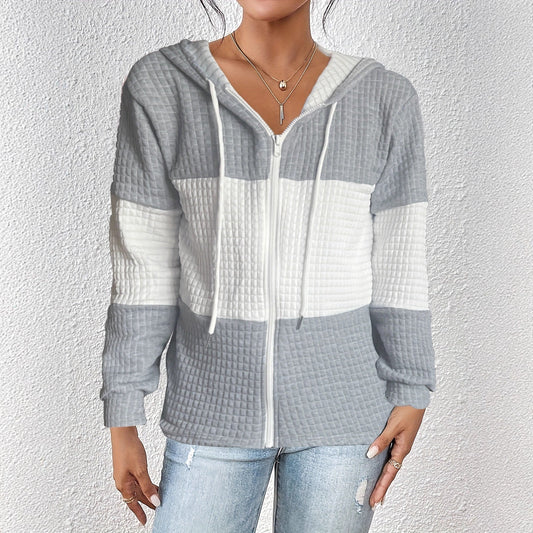 Autumn Winter Women Hoodie Contrast Color Plaid Long Sleeve Casual Hoodies