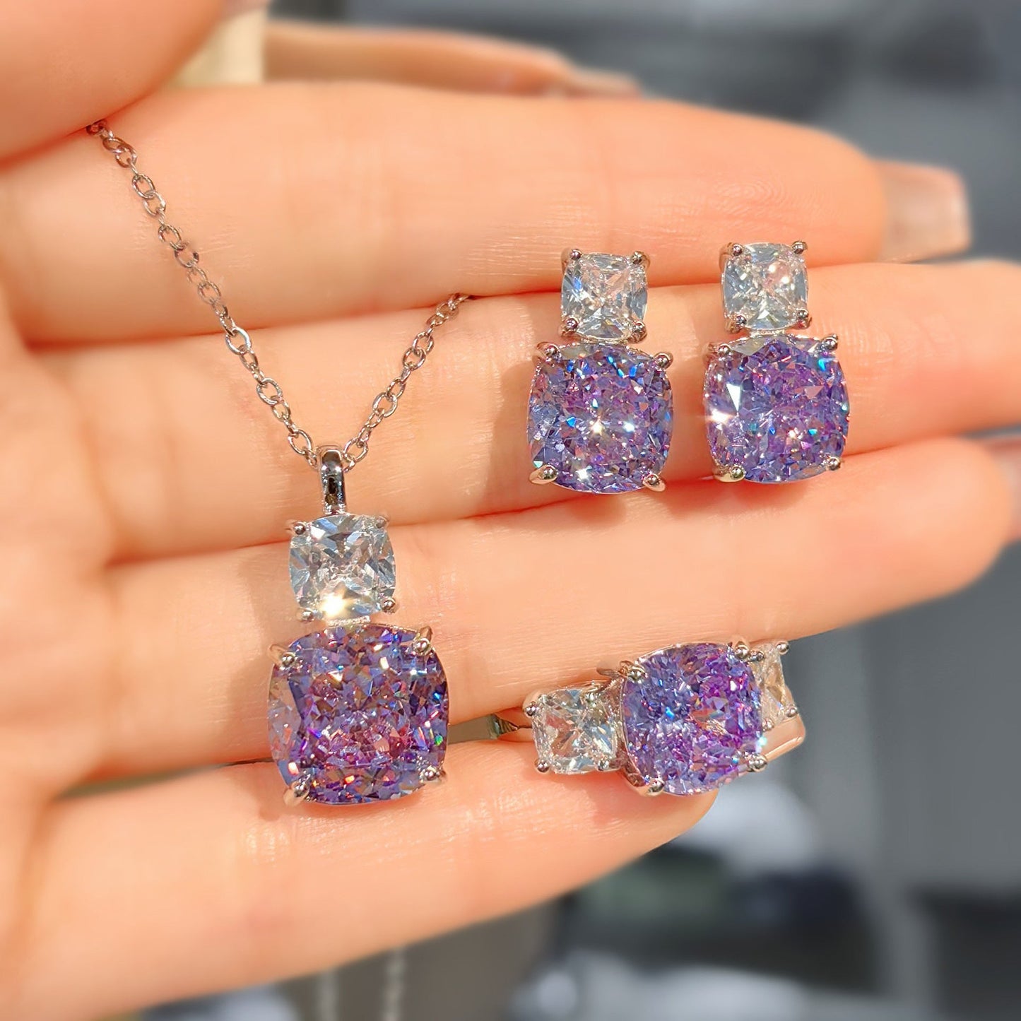 Women's Pink Diamond Ice Flower Cut High Carbon Rhinestone Advanced Luxury Jewelry Set