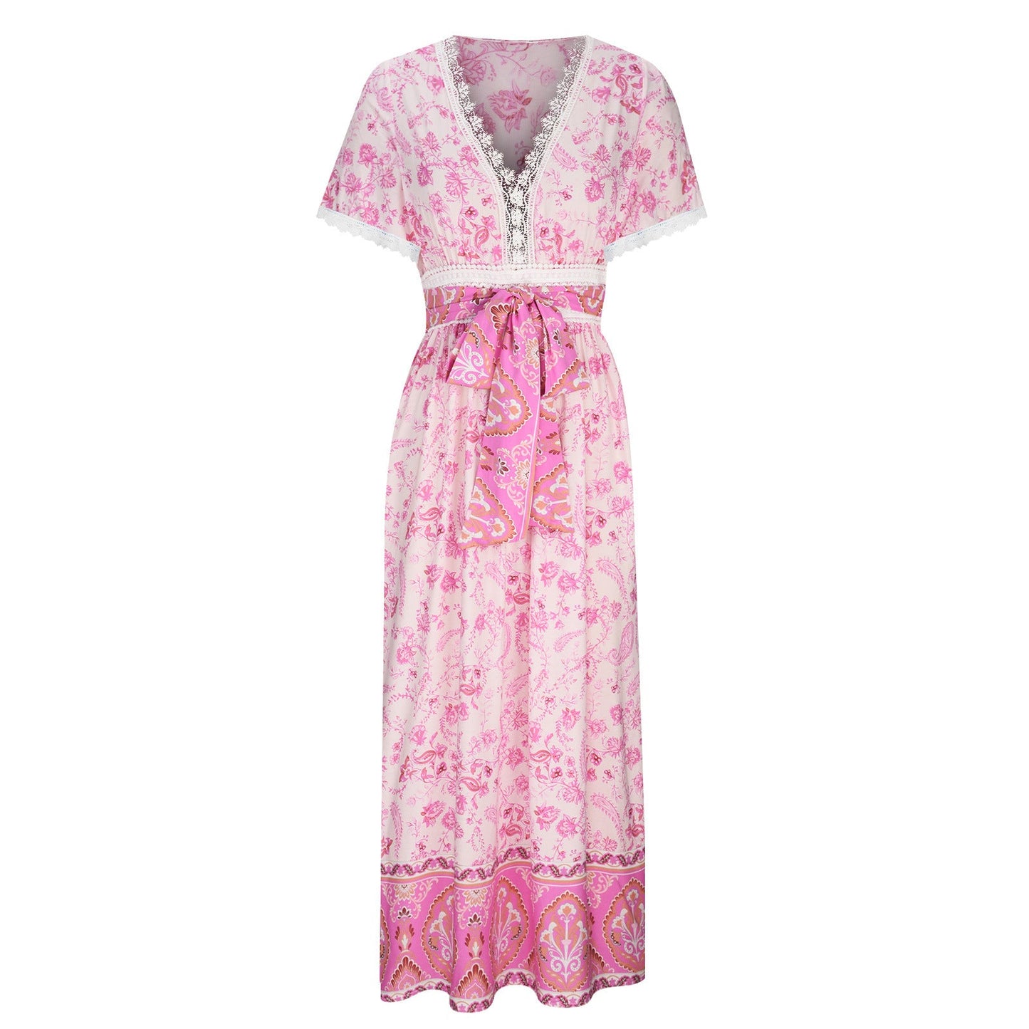 Women's Short Sleeve Lace Trim Tie-Waist Bohemian Dress Vacation Beach Dress Floral