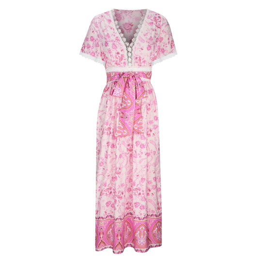 Women's Short Sleeve Lace Trim Tie-Waist Bohemian Dress Vacation Beach Dress Floral