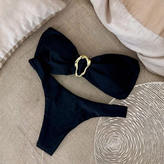 Black Bandeau Bikini Sexy Bowknot Strappy Two Piece Swimsuit Women's Hot Sale