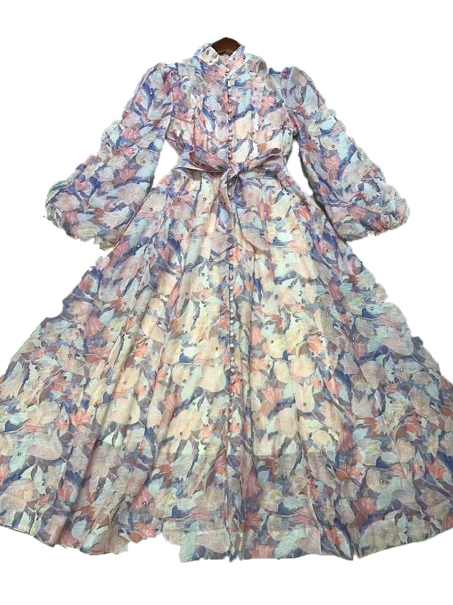 Beautiful Tea Break Dress Spring Summer Small Stand Collar Printed Lace up Waist Slimming Dress Women