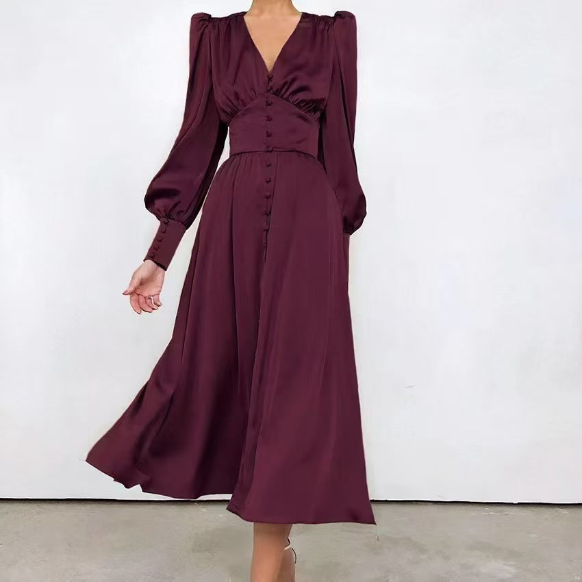 V-Neck Elegant Long Sleeve Waist-Defining Dress Style