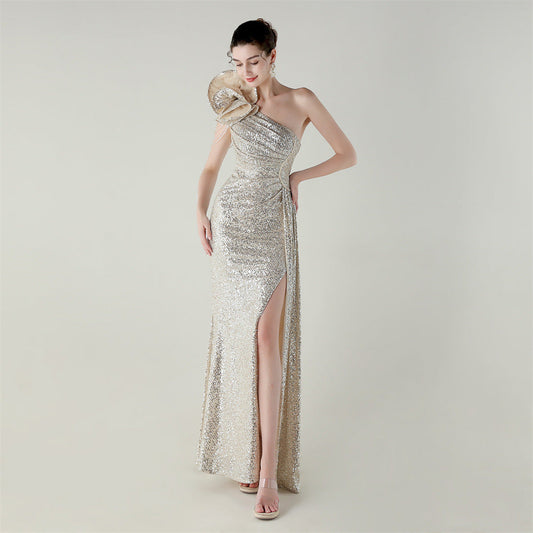 Craft Floral Beaded One Shoulder Diagonal Collar Fishtail Evening Dress Dinner Wedding Awards Ceremony Social Dress