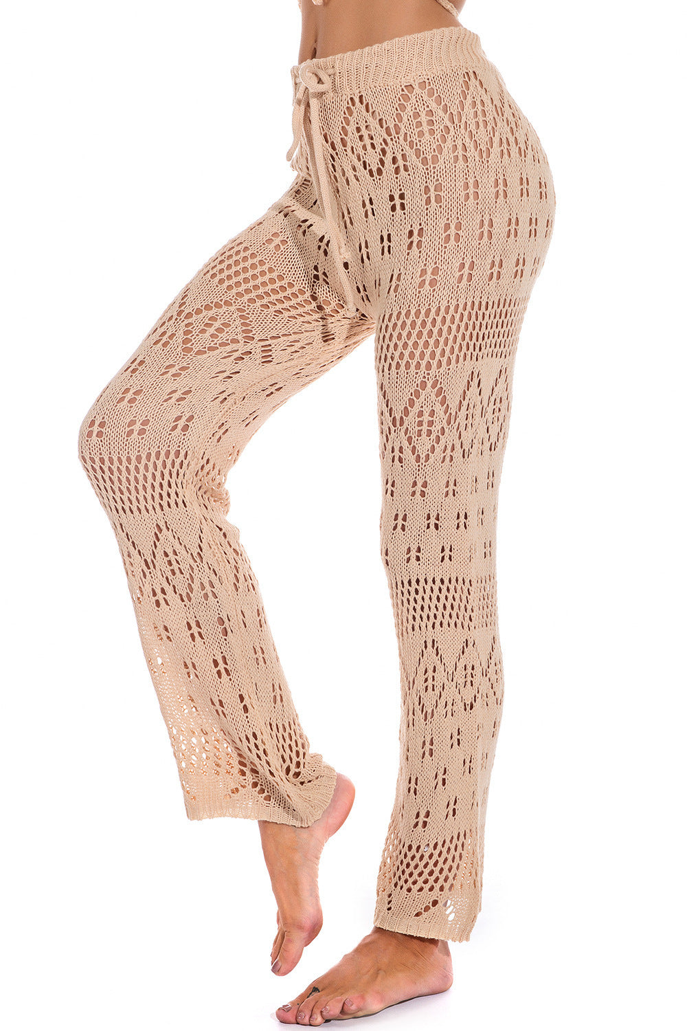 Solid color sexy ladies nightclub sexy see-through cut-out woven anti-hiccup trousers hooked beach pants
