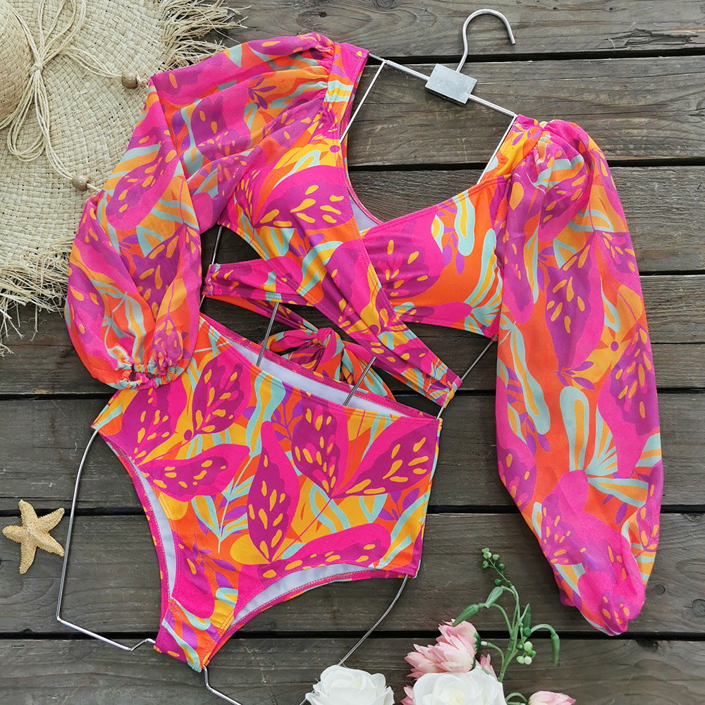 High Waist Split Long Sleeve Swimsuit Women Sexy Backless Cross Strap Deep V Plunge Bikini
