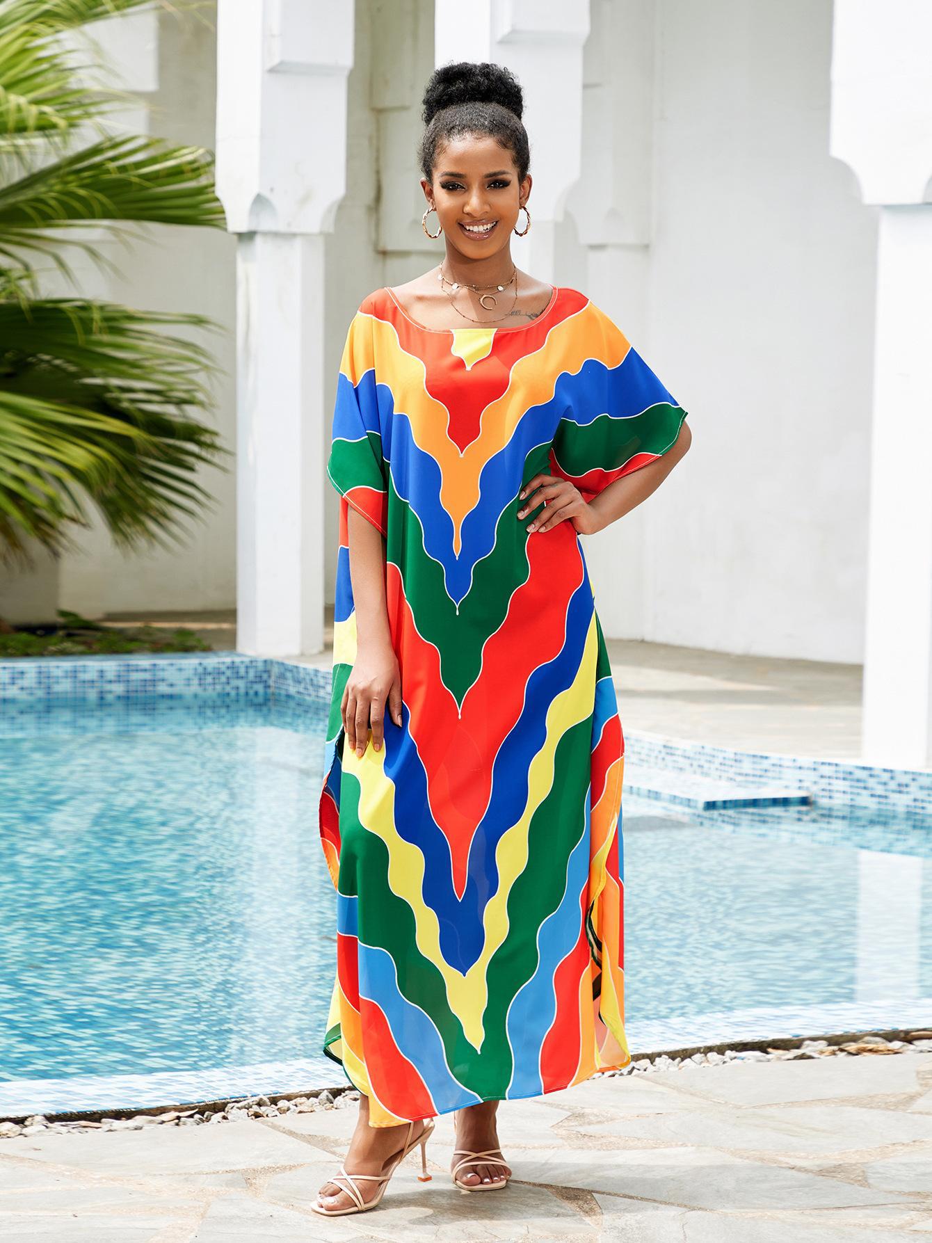 Print Beach Cover Up Sexy Loose Vacation Sun Protection Shirt Robe Bikini Cover Up