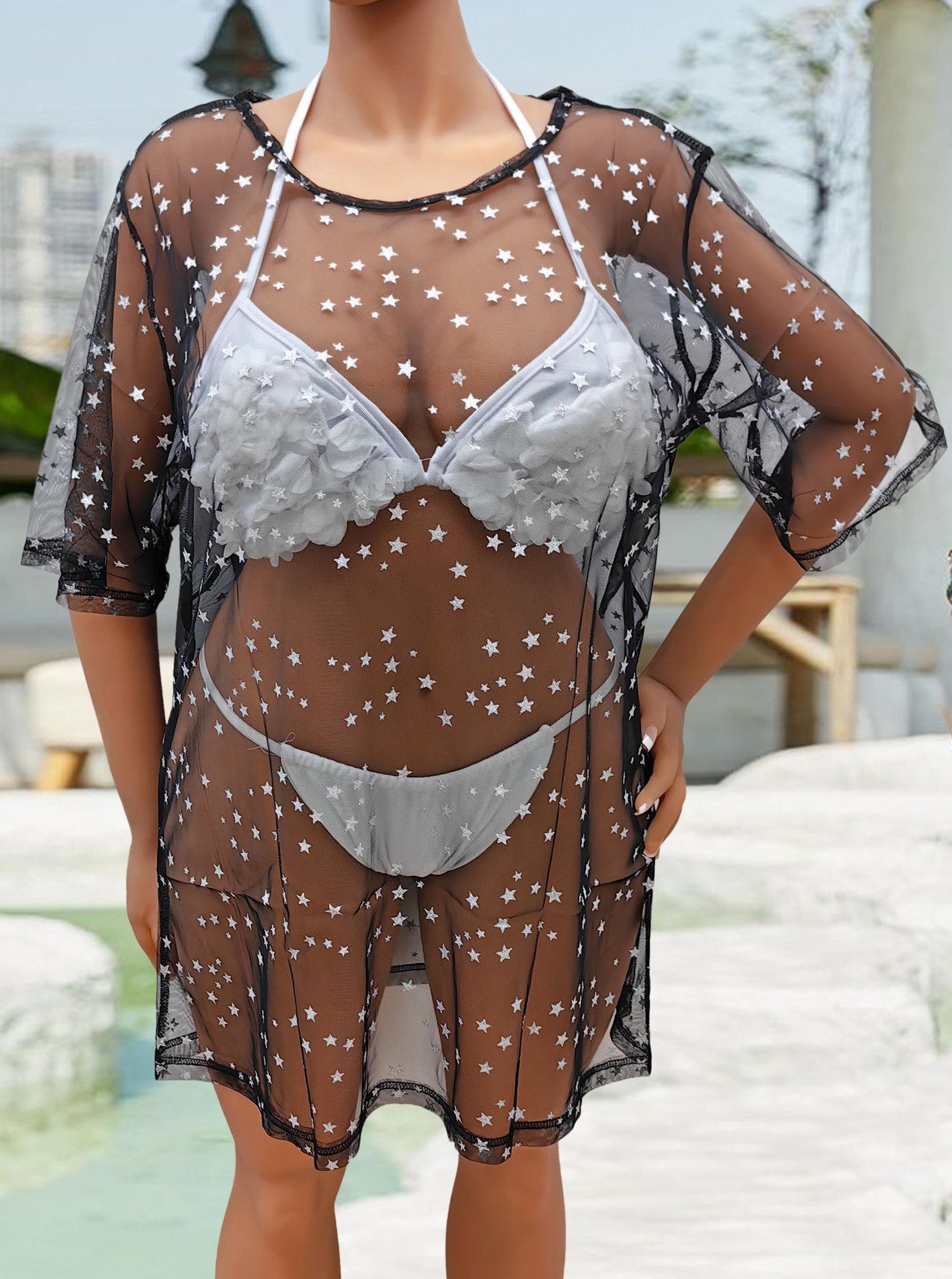 Beach Overclothes Women Dress Sexy Sheer Mesh Long Gilding Pattern T Shirt Bikini Cover up