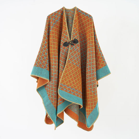 Four Seasons Button Shawl Autumn Winter Oversized Ethnic Thick Warm Split Cloak Travel Scarf for Women