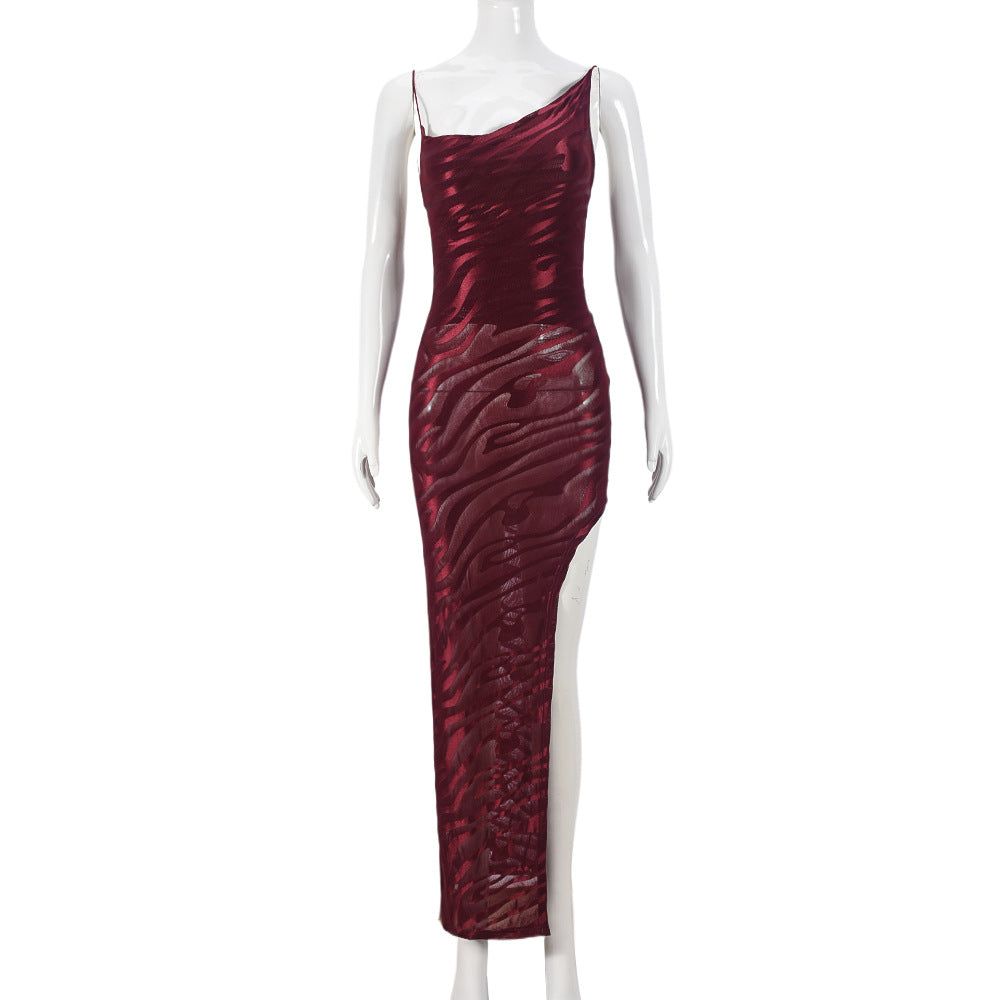 Women Clothing Mesh Flocking Spring Backless Lace up Diagonal Collar Sexy Sling Dress