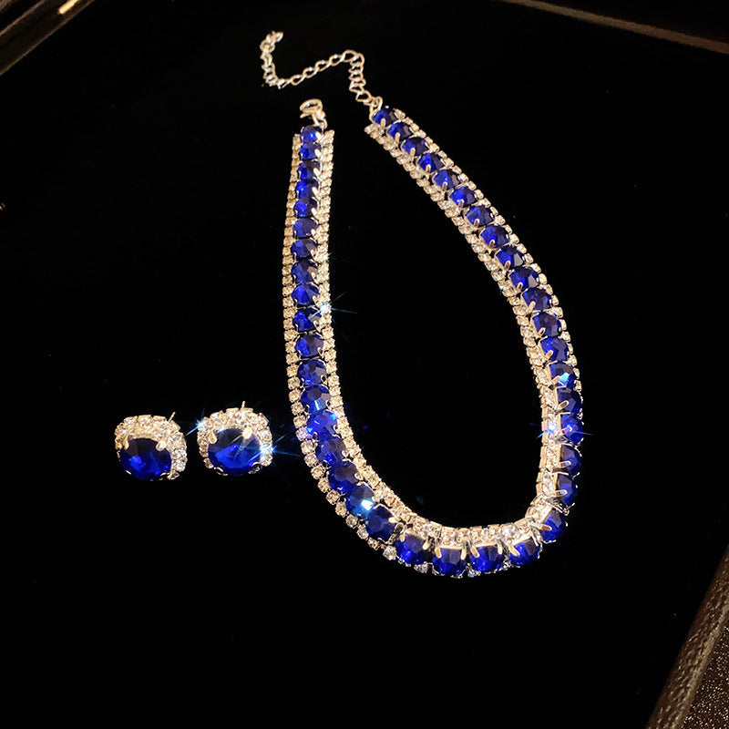 Square Round Zircon Ear French Entry Lux Clavicle Chain Advanced Jewelry Set