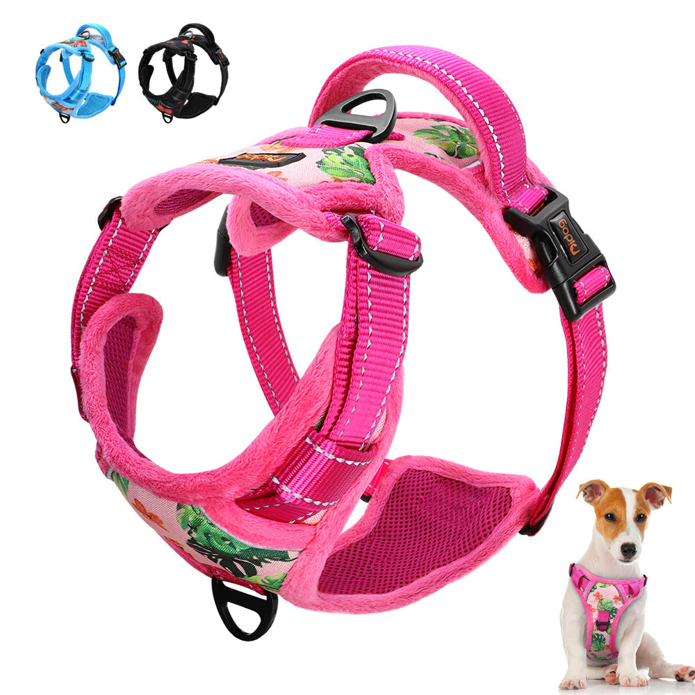 Reflective Padded Dog Harness+Leash Set with Floral Print