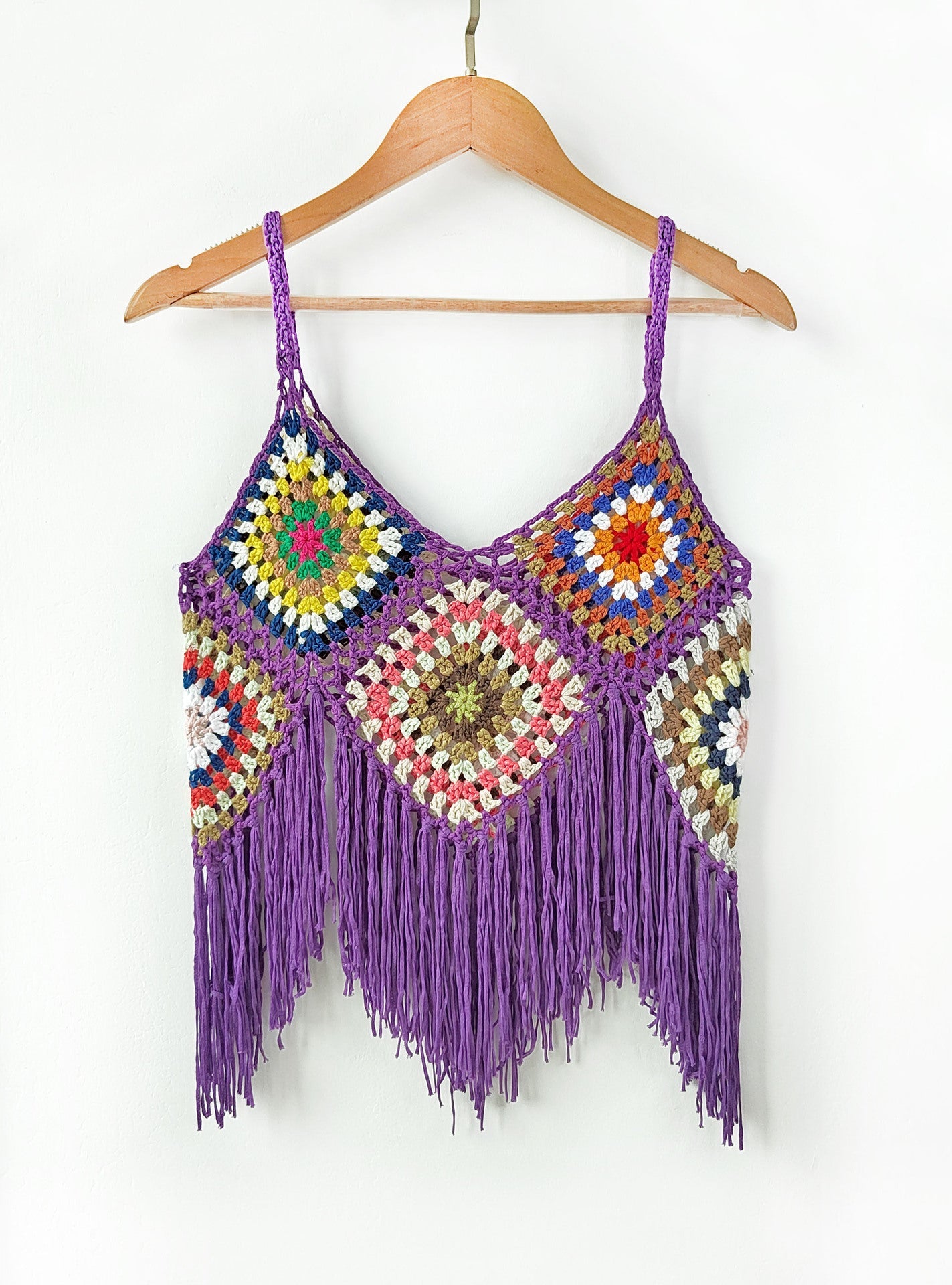 Women Clothing Women Top Pure Hand Crocheting Random Mixed Color Stitching Camisole Tassel Shirt Crochet