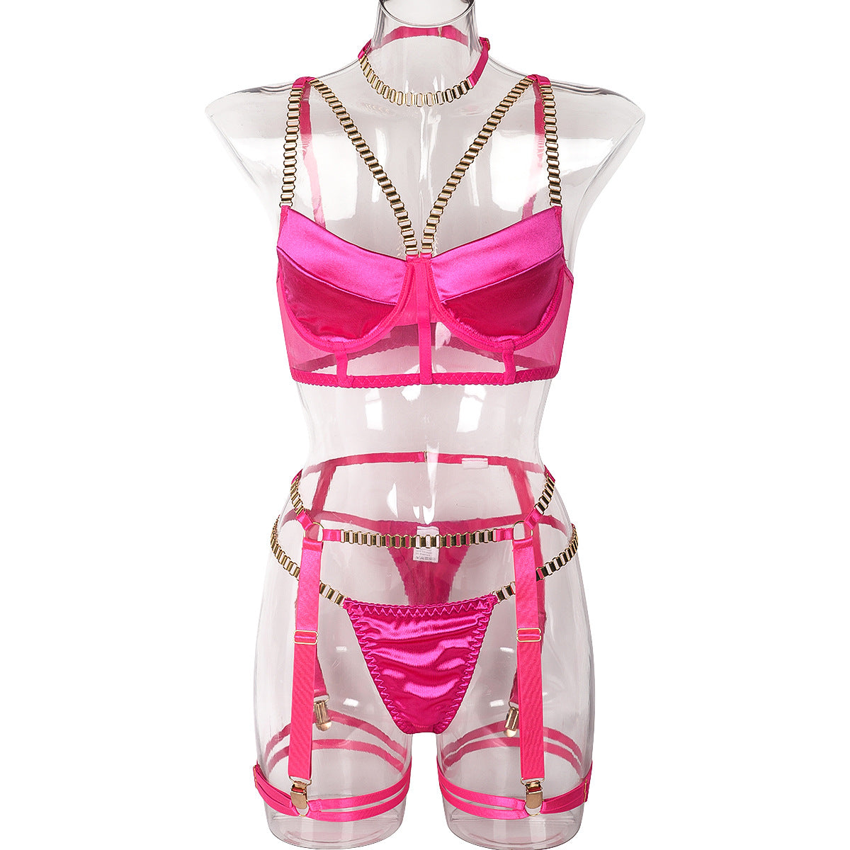 Women Clothing Thick Chain Heavy Industry Metal Stitching Four Piece Set Sexy Underwear