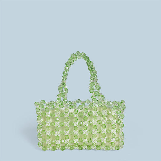 Summer Niche Handmade Transparent Green Crystal String Beads Woven Bag Women Handbag Cute Niche Handbag