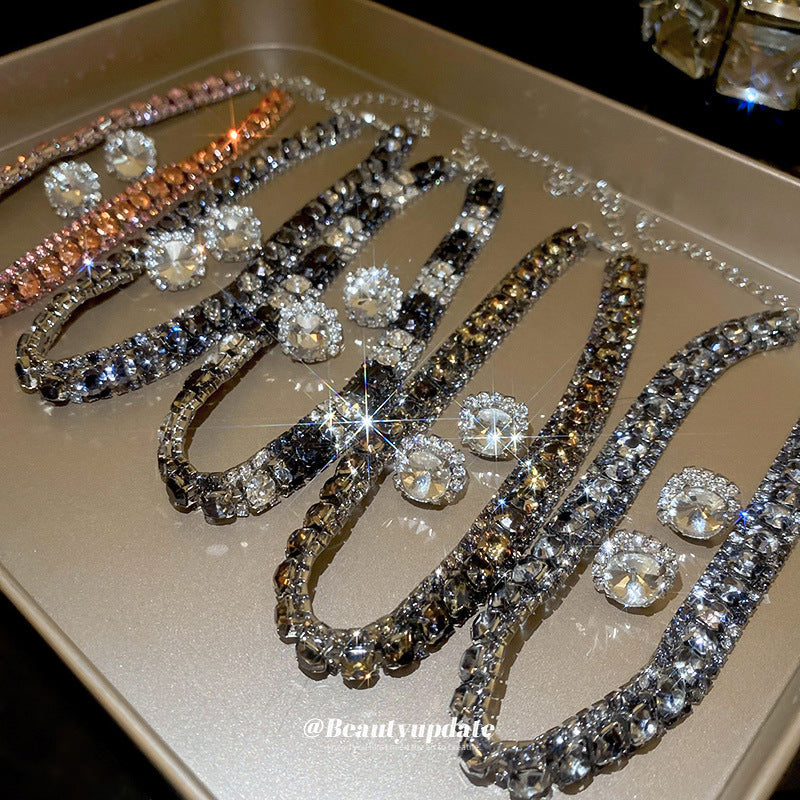 Square Round Zircon Ear French Entry Lux Clavicle Chain Advanced Jewelry Set