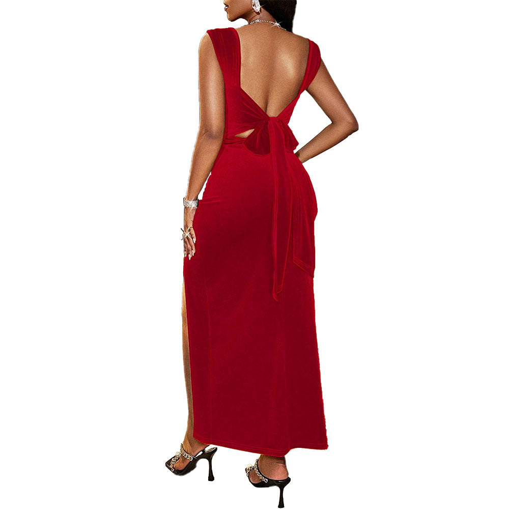 Velvet Party Sexy Elegant Square Collar Lace up Backless Waist Trimming Sheath Dress