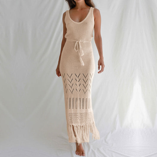 Sunscreen Beach Dress Hollow Out Cutout out Strap Women Maxi Dress with Tassel Bikini Swimsuit Blouse