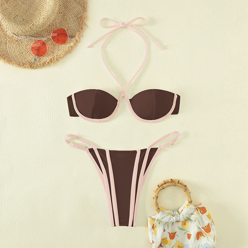 Leopard Print Lace up Swimsuit Steel Bracket Split Suit Sexy Bikini Swimsuit