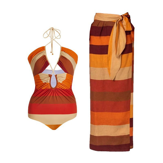 One Piece Bandage Swimsuit Women Tight Vintage Stripe Spring Swimsuit Chiffon Skirt Set