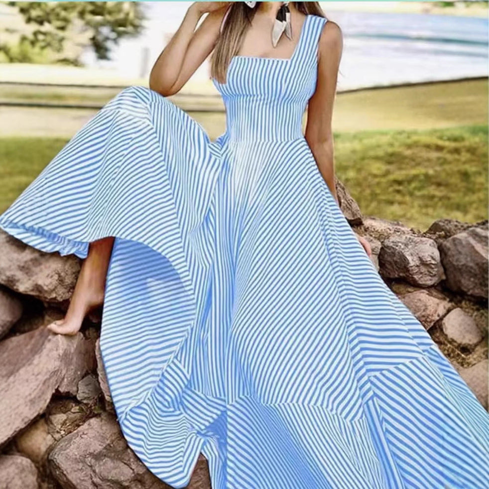 Summer Fashion Striped Tank Dress – Flared Tie-Waist Midi