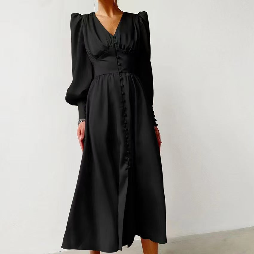 V-Neck Elegant Long Sleeve Waist-Defining Dress Style