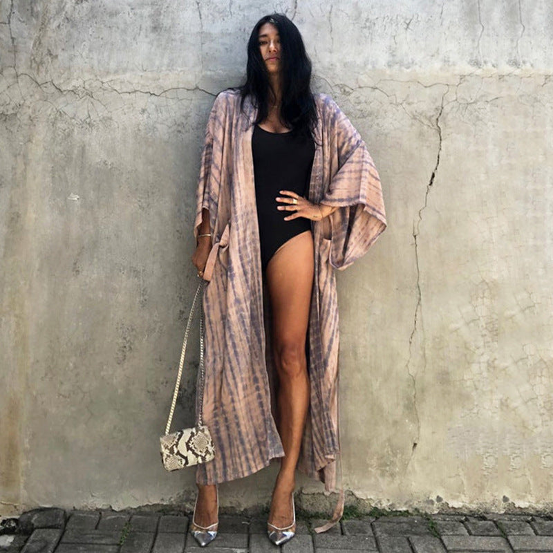 Tie-Front Printed Cardigan Beach Dress ¨C Bikini Cover-Up, Vacation Sun Protection Kimono Dress