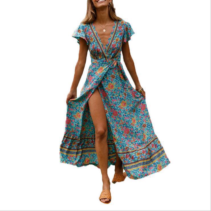 Casual vacation printed dresses lace-up big pendulum showing thin short sleeves