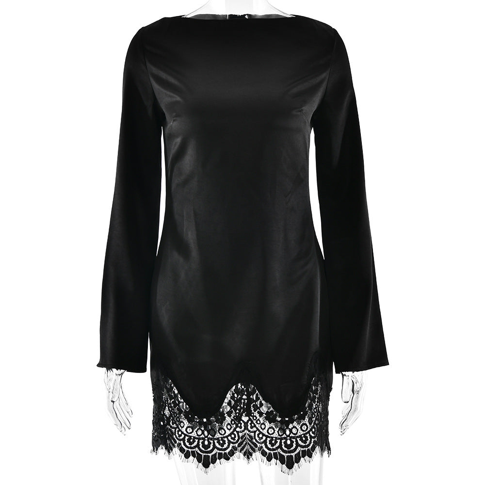 Pure Sexy Elegant Sexy Slim Dress Lace Solid Color Long Sleeve Narrow Dress