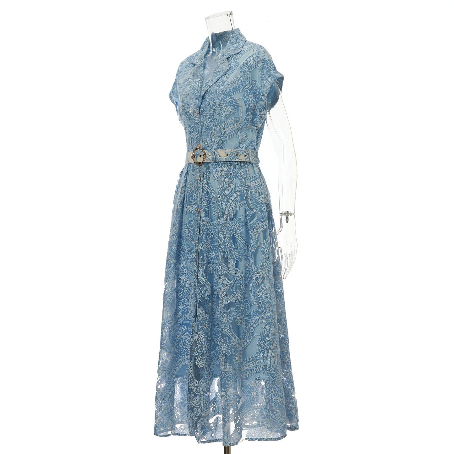 Summer Lace Embroidered Blazer Dress – Notched Collar Button-Front Tie-Waist Maxi, Elegant Long Gown