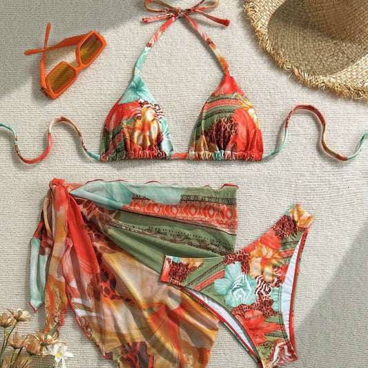 Women's Bikini Swimsuit with Floral Print and Tie Straps