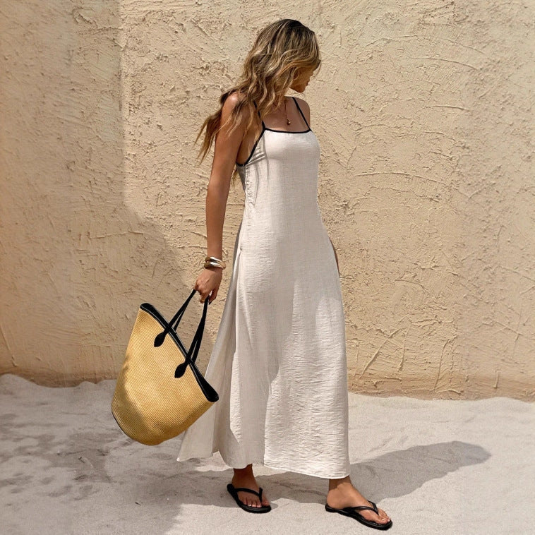Off-the-shoulder backless solid color suspender strap-up long dress