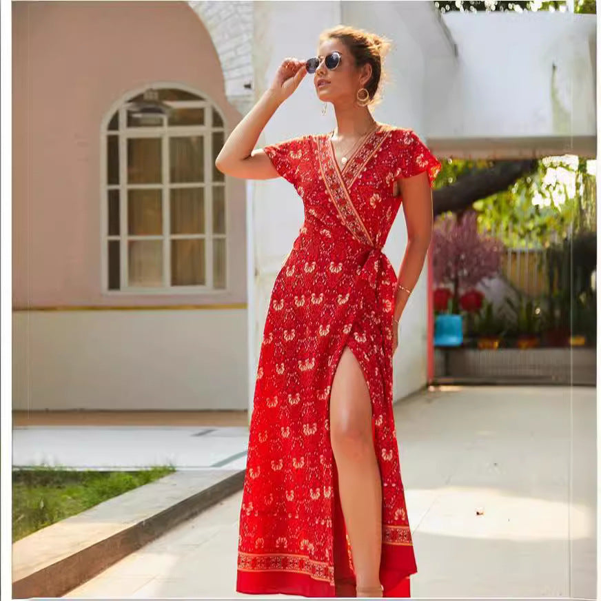 Casual vacation printed dresses lace-up big pendulum showing thin short sleeves