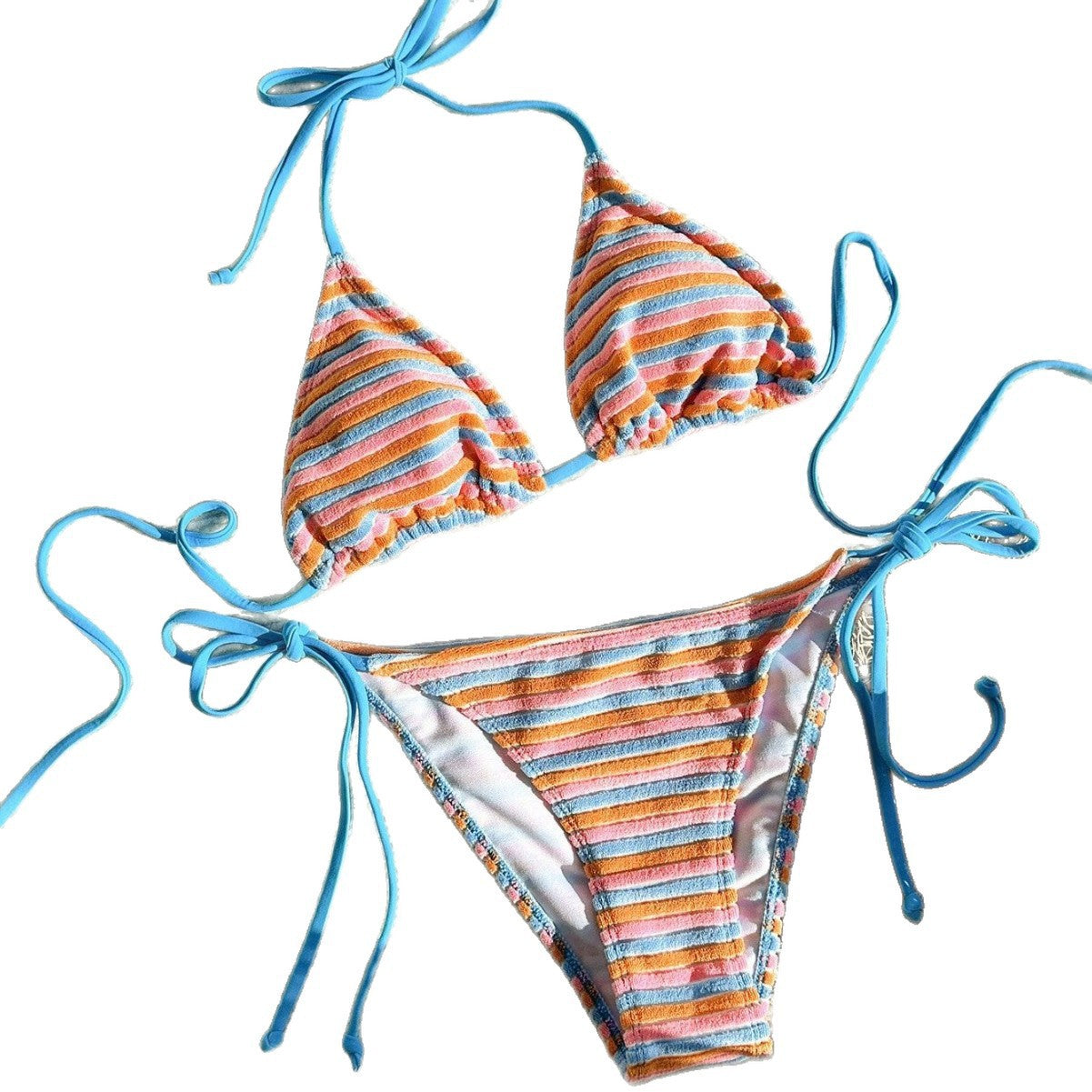 Women's Jacquard Striped Colorful Tie Side Separate Three Piece Bikini Swimsuit Set
