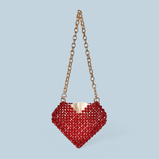 Red Love Heart Beaded Bag Hand Woven Bag Red Beads Bag Crossbody Shoulder Bag Finished Bag