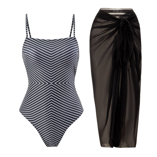 Sexy One Piece Swimsuit Women Bikini Striped Printed Gauze Skirt Swimsuit Bikini